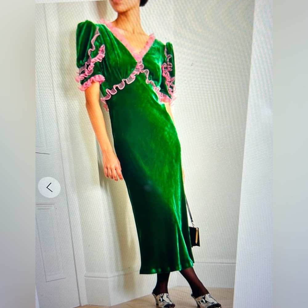 SALONI Green Velvet Midi Dress with Pink Ruffles